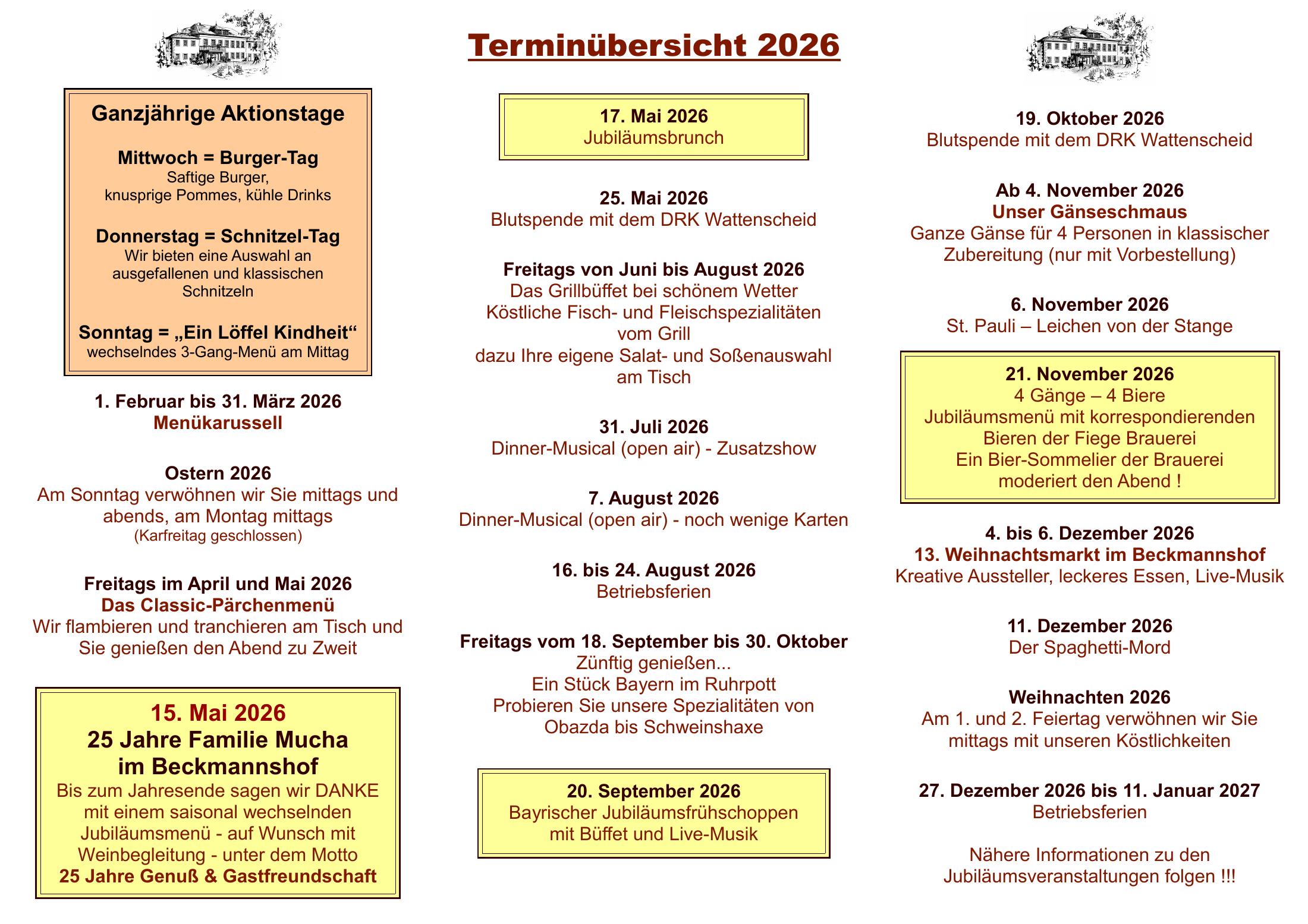 Terminübersicht 2026 des Hotel-Restaurant Beckmannshof